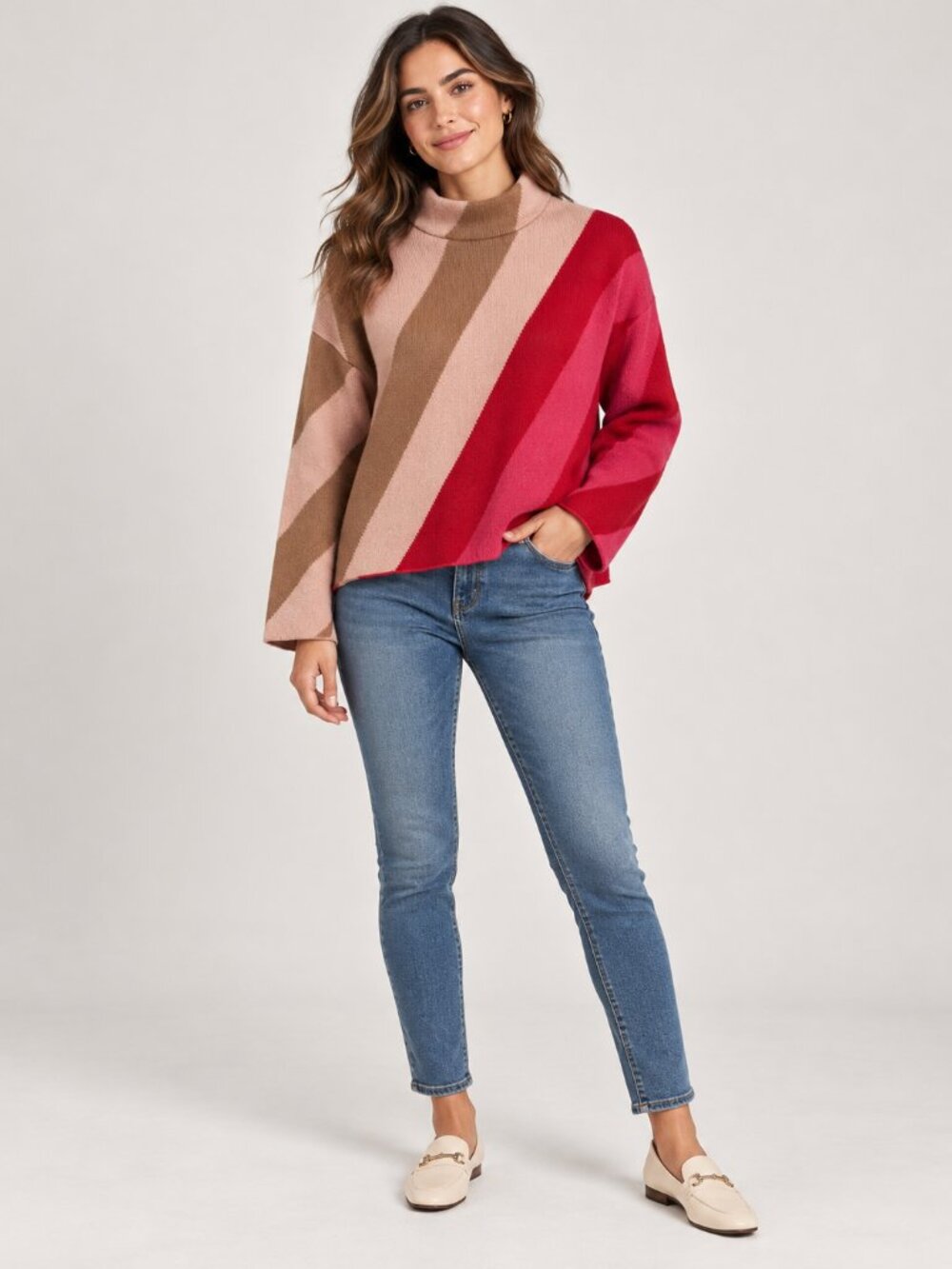 Liz Claiborne 1X Pink Red Tan Diagonal Stripe Mock Neck Sweater Plus Size